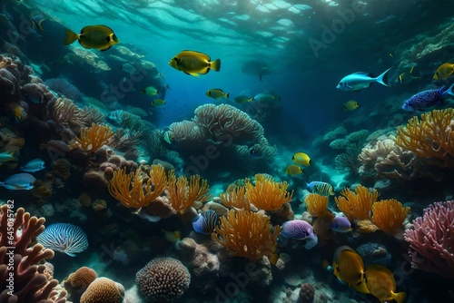 An artistic representation of a coral reef teeming with marine life © Muhammad