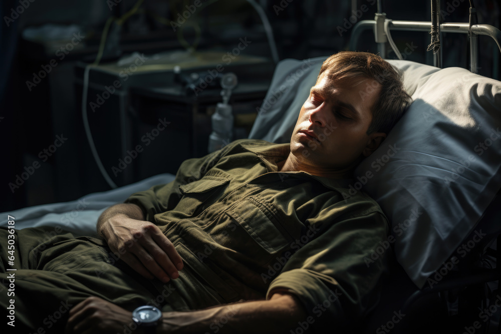 injured soldier in military uniform lies in the hospital ward