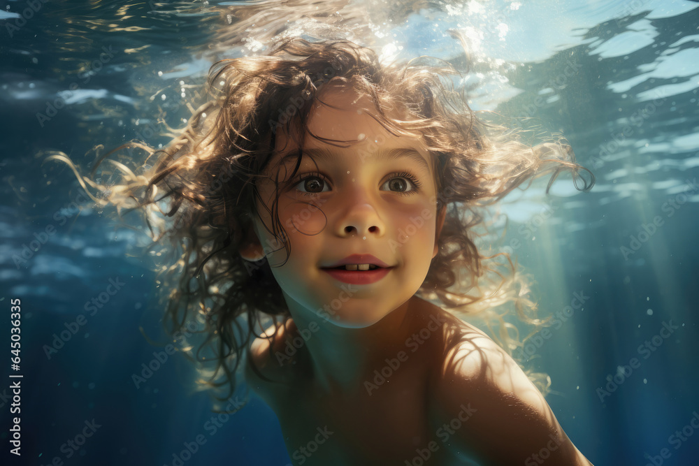 Cute child swimming in pool underwater