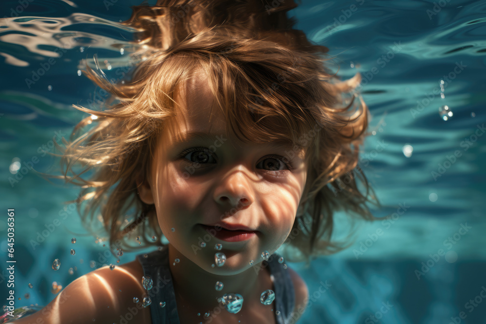 Cute child swimming in pool underwater