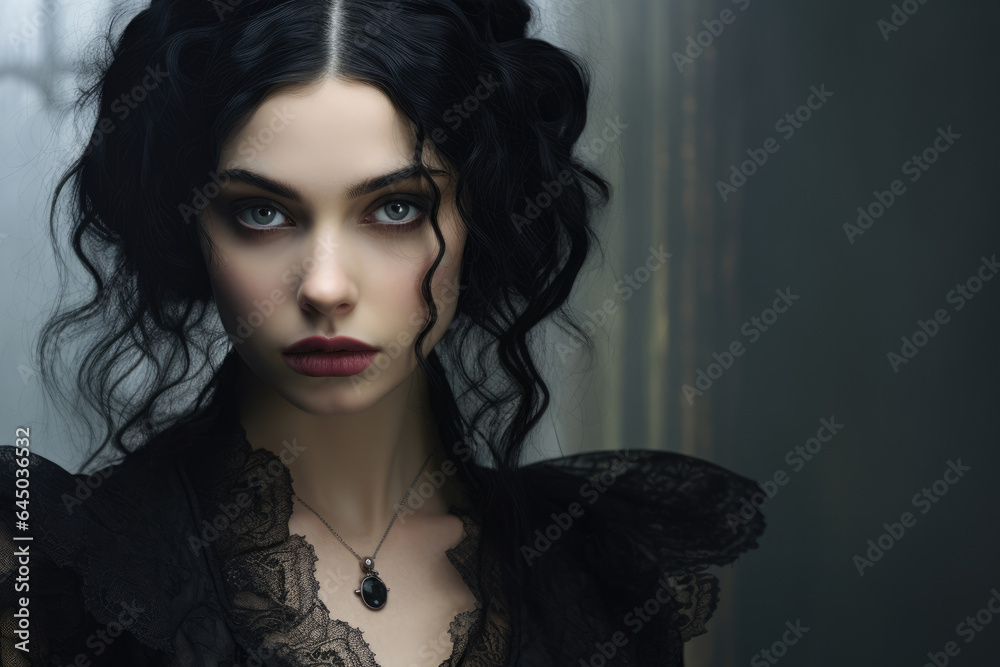 gothic girl in black medieval dress. copy space for text - obrazy, fototapety, plakaty 