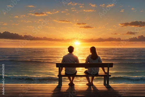 A young man and woman sitting on bench and looking at the see. ai generative © Anna