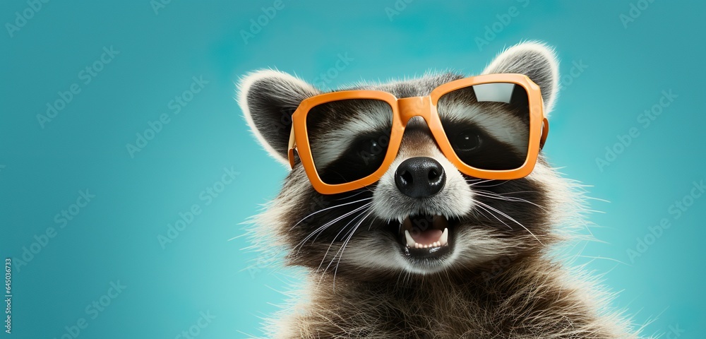 Smiling Raccoon in Trendy Shades, isolated on solid pastel background, advertising banner, generative Ai