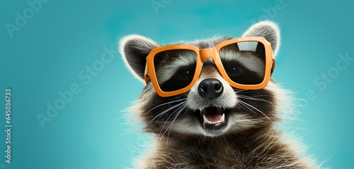 Smiling Raccoon in Trendy Shades, isolated on solid pastel background, advertising banner, generative Ai