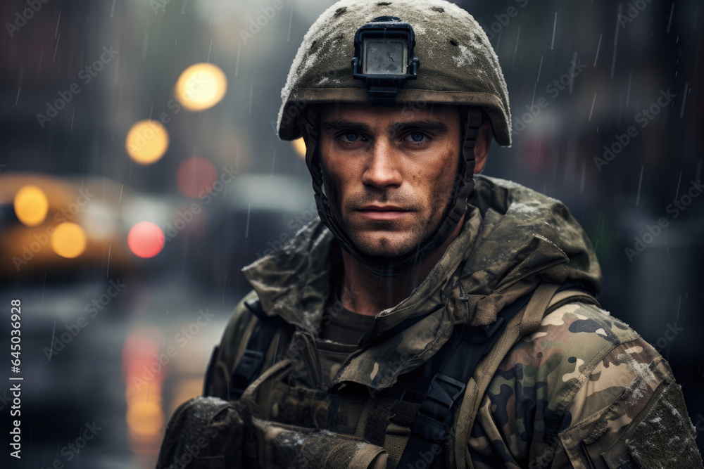 Portrait of a military man, a soldier in uniform in the rain