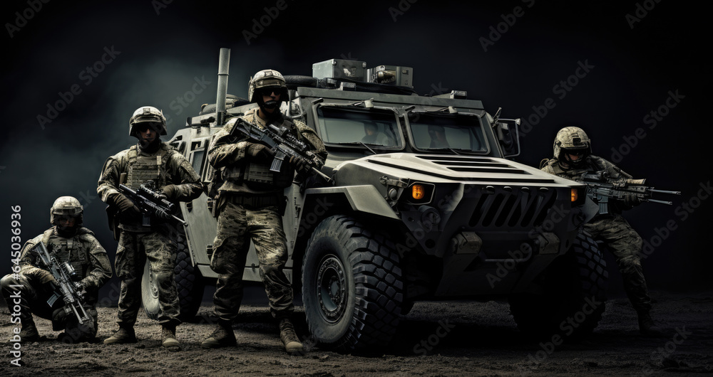soldiers with heavy armored vehicle. Horizontal banner