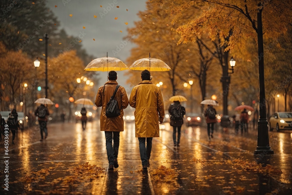 A cinematic scene autumn park with people with umbrella. ai generative