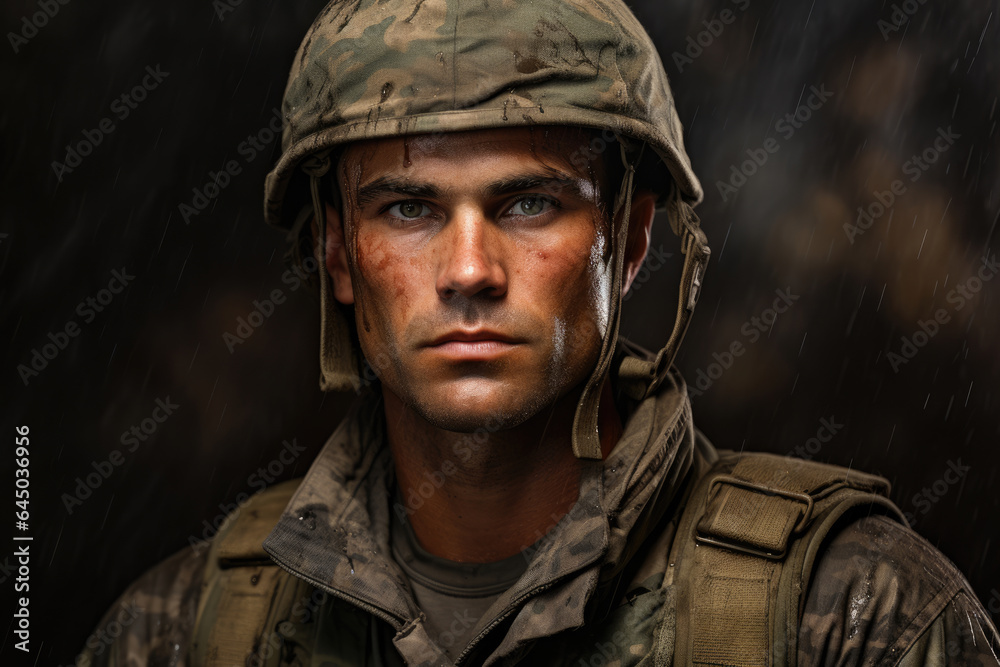 Portrait of a military man, a soldier in uniform in the rain
