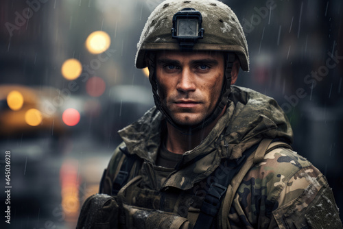 Portrait of a military man, a soldier in uniform in the rain © Michael