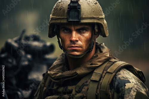 Portrait of a military man, a soldier in uniform in the rain