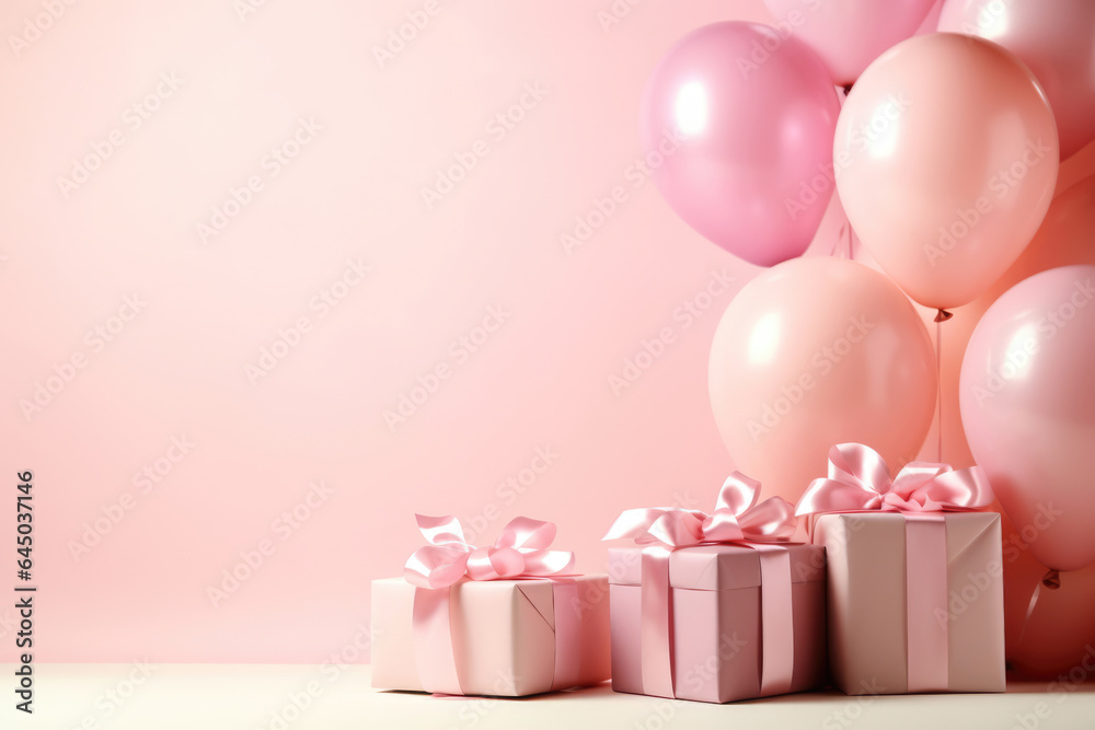 Pink photo zone with balloons for a girl's birthday. copy space for text Pink photo zone with balloons for a girl's birthday. copy space for text