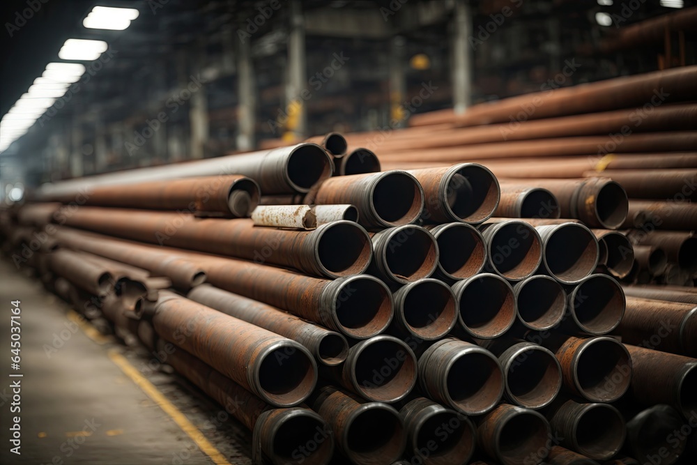 a stack of steel pipes in a warehouse. ai generative a stack of steel pipes in a warehouse. ai generative