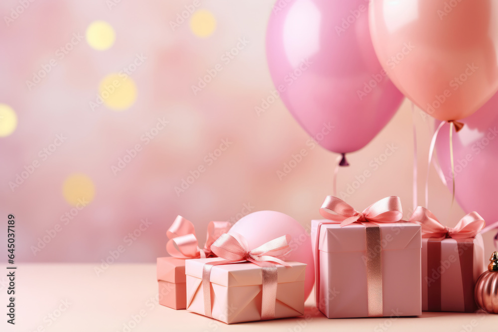 Festive decorations, pink balloons on pink background, birthday party photo zone