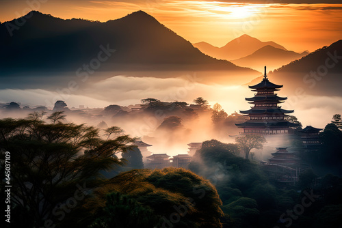 Japanese mountain village. Foggy morning landscape. Generative AI © Oleksandr