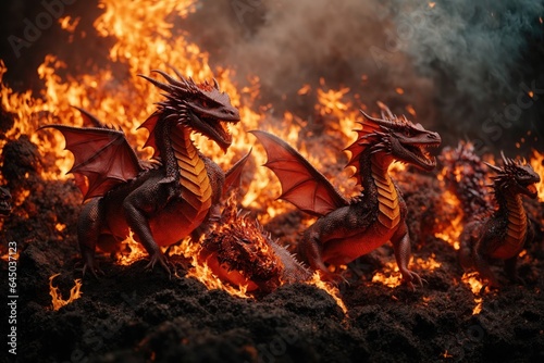 Fotografie, Obraz A fiery inferno of miniature dragons. ai generative