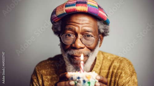 A black senior man celebrates his birthday in a studio portrait. Generative AI photo