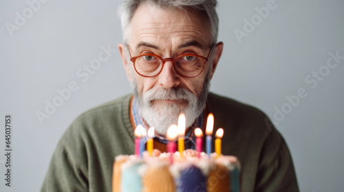 Studio photo documents an elderly man's birthday celebration. Generative AI photo