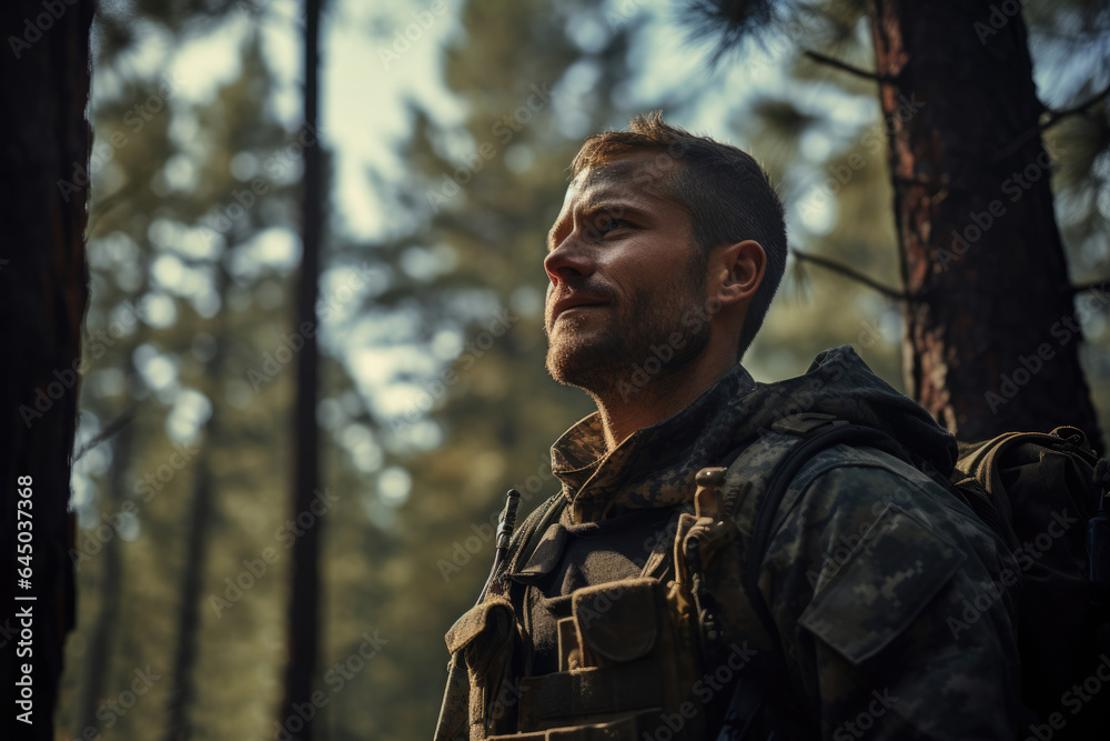 Portrait of a military man in uniform in a pine forest