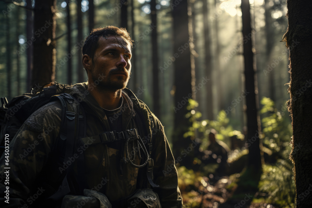 Portrait of a military man in uniform in a pine forest