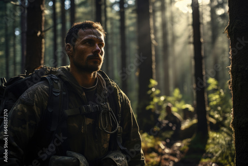 Portrait of a military man in uniform in a pine forest