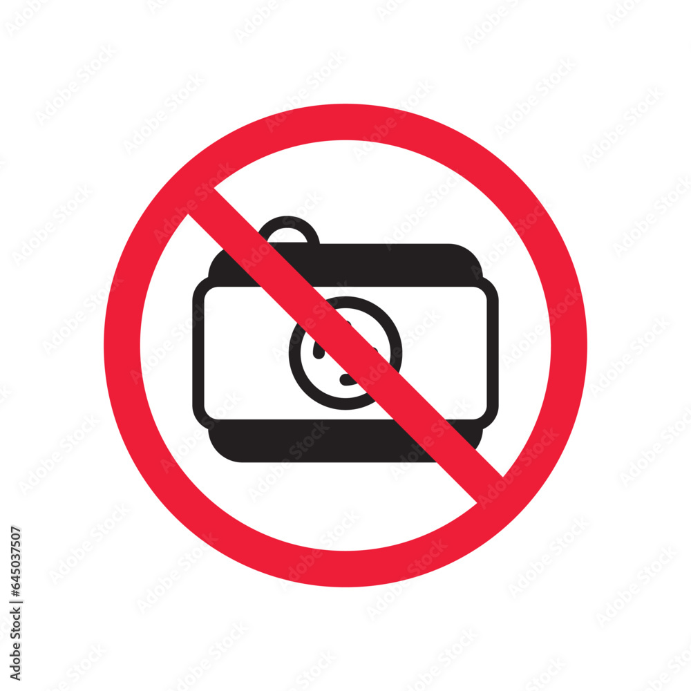 Prohibited camera vector icon. No photo camera icon. Forbidden video camera icon. Warning, caution, attention, restriction, danger flat sign design. Photographer symbol pictogram Prohibited camera vector icon. No photo camera icon. Forbidden video camera icon. Warning, caution, attention, restriction, danger flat sign design. Photographer symbol pictogram