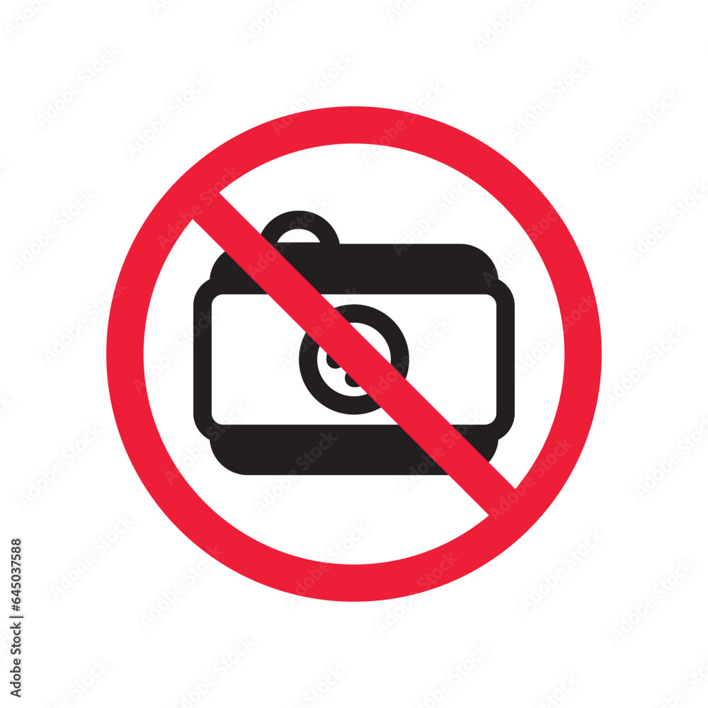 Prohibited camera vector icon. No photo camera icon. Forbidden video camera icon. Warning, caution, attention, restriction, danger flat sign design. Photographer symbol pictogram Prohibited camera vector icon. No photo camera icon. Forbidden video camera icon. Warning, caution, attention, restriction, danger flat sign design. Photographer symbol pictogram