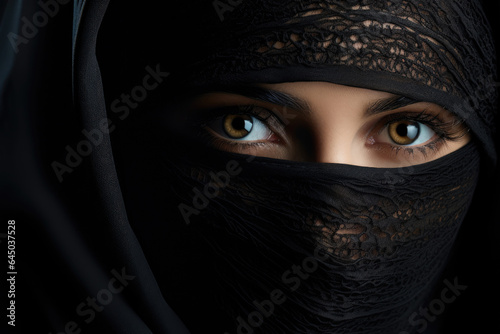 young beautiful muslim woman wearing hijab on a black background
