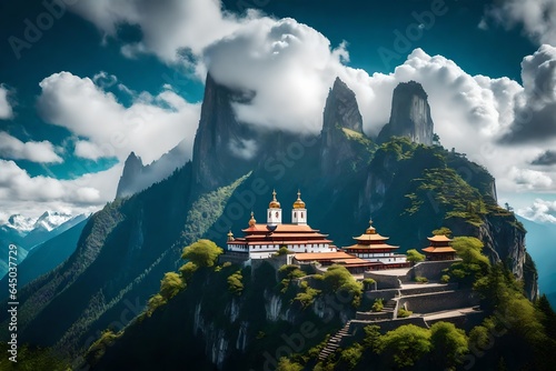 An image of a serene monastery on a mountain peak, surrounded by clouds