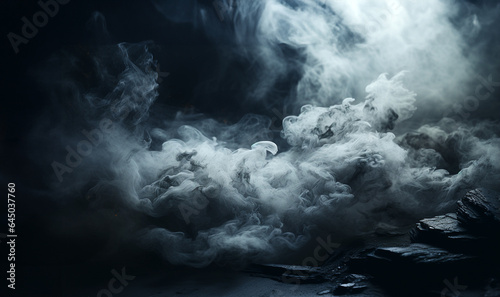 Mystery dark fog background for product placement.Panoramic view of the abstract fog. White cloudiness, mist or smog moves on black background.