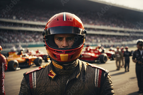 Portrait of F1 driver wearing helmet. ai generative © Anna