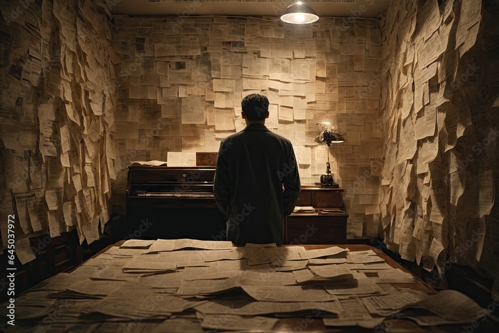 a man stands in a room covered with newspaper clippings. ai generative