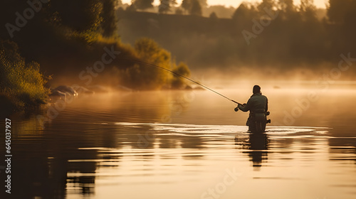 Sport fishing man sunset or morning ligh with for. Generation AI