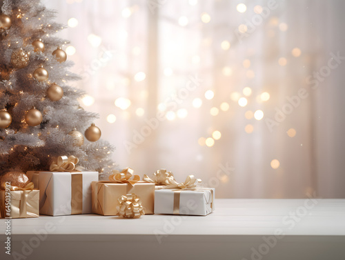 White & gold Christmas presents on empty table with blurred window and bokeh lights