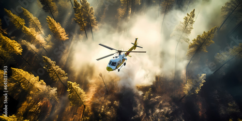 Fire fighting Helicopter dropping water on wildfire. Disaster forest burning emergency banner. Generation AI