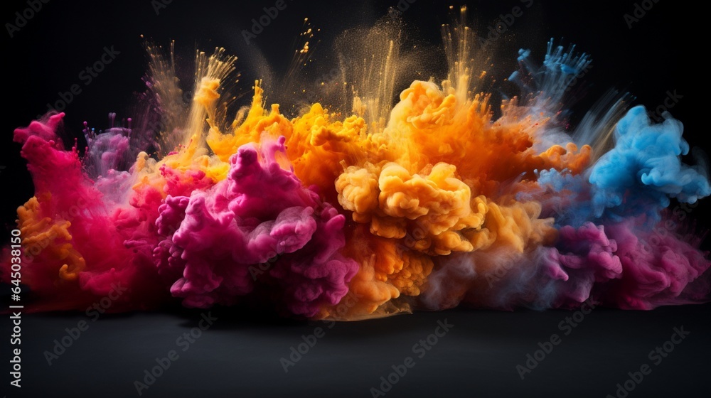 A burst of colored powder frozen in time, forming a suspended cloud of pigments in the air