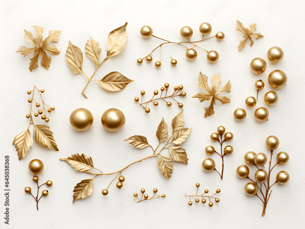 Christmas gold leaves, baubles, and ornaments on white background Christmas gold leaves, baubles, and ornaments on white background