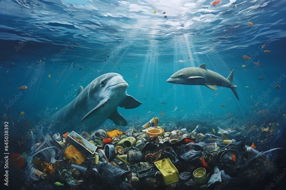 Illustrates polluted ocean floor and plastic waste, emphasizing the Pacific garbage patch. Environmental crisis. Generative AI - obrazy, fototapety, plakaty 