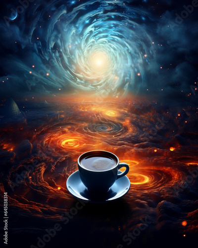 Cosmic space tea in a coffee mug, abstract digital art. Galaxy in a Coffee Cup. Celestial, cosmic, surreal, beverage. Generative AI.