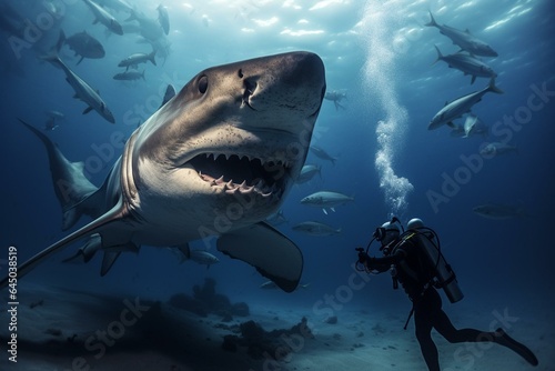 A diver meets a massive hammerhead shark underwater. Generative AI © Paloma