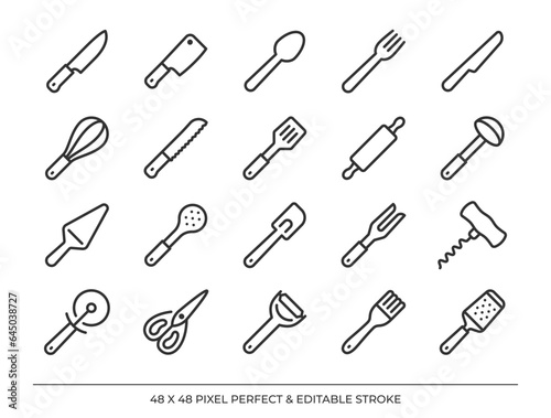 Cookware and kitchen utensils outline icons set. Pixel perfect and editable stroke 48x48 vector illustration.