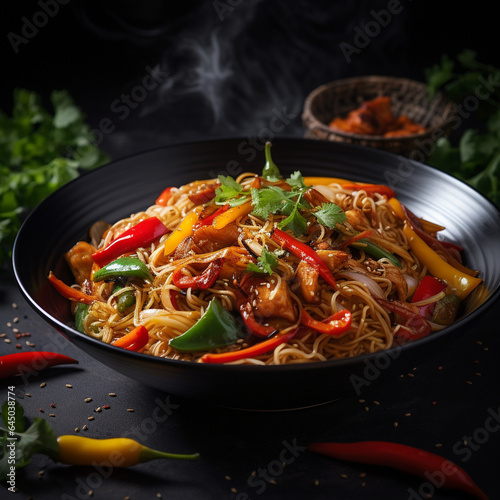 Wog with fried noodles and vegetables. Chinese cuisine. Homemade food.