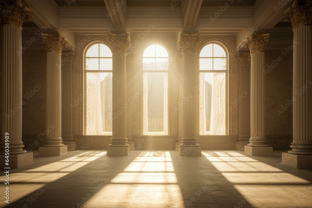 A spacious chamber with pillars, a central door and a sunlit window. A large central window overlooks the room with its columns and door. Generative AI