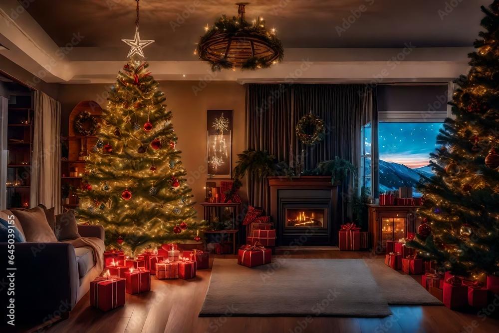Cozy living room with a beautifully decorated Christmas tree