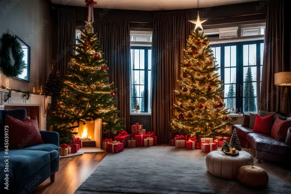 Cozy living room with a beautifully decorated Christmas tree