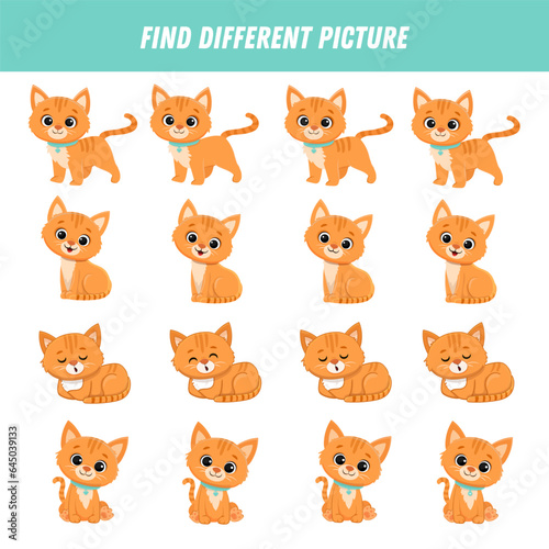 Find different kitten in each row. Logical game for kids. Cartoon cat. Vector