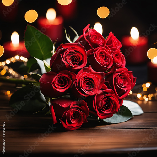 Bouquet of red roses  on wooden table 