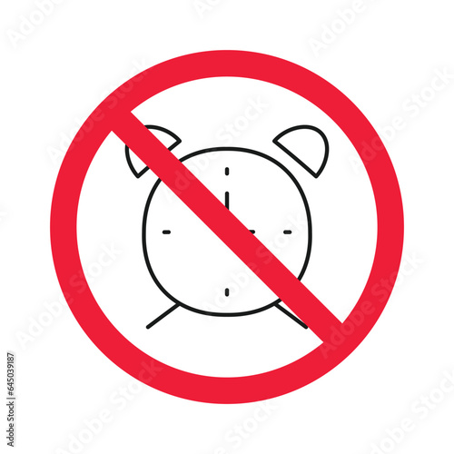 Forbidden clock vector icon. Warning, caution, attention, restriction, label, ban, danger. No alarm clock flat sign design pictogram symbol. No clock icon