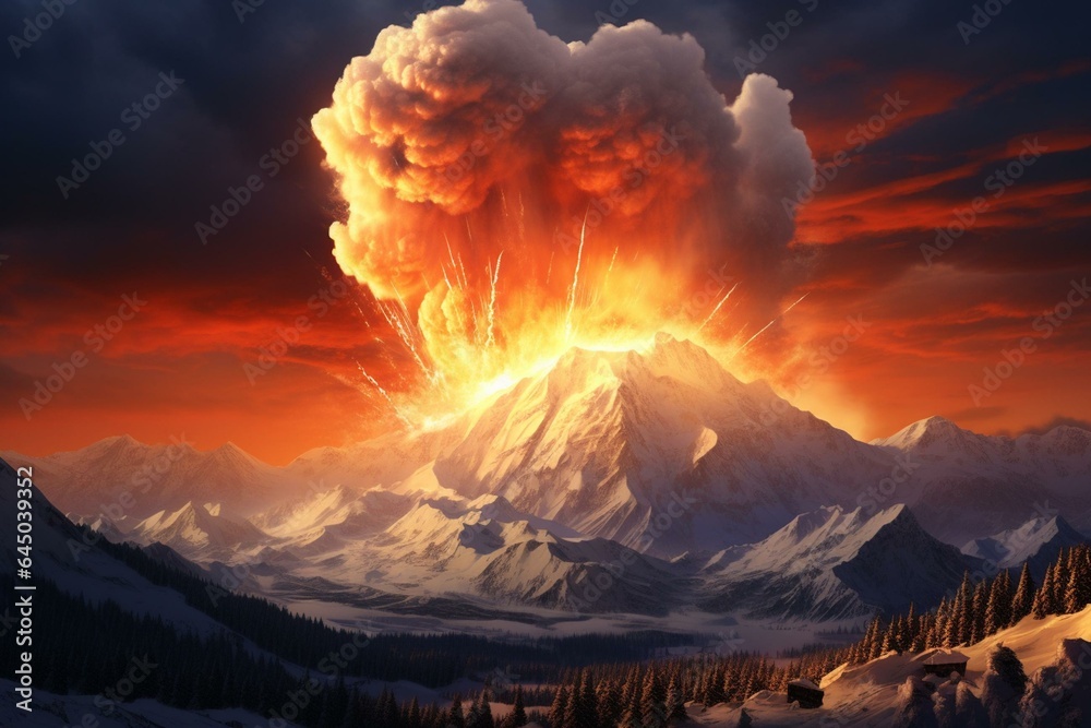Explosive blast on snowy land with mountainous outlook during wintry sunrise. Generative AI