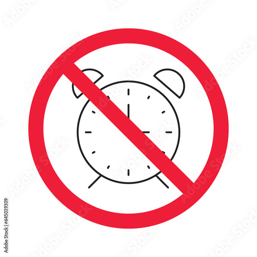 Forbidden clock vector icon. Warning, caution, attention, restriction, label, ban, danger. No alarm clock flat sign design pictogram symbol. No clock icon