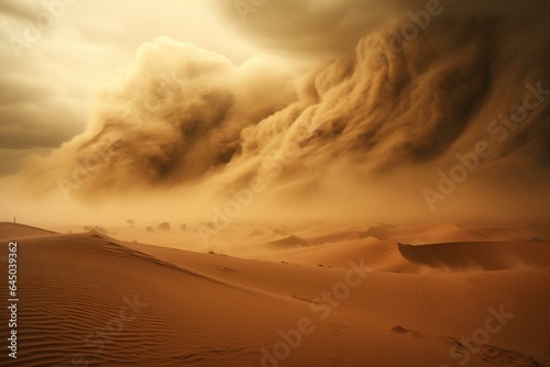 An intense sandstorm sweeps through a desert, creating a dramatic background. Generative AI